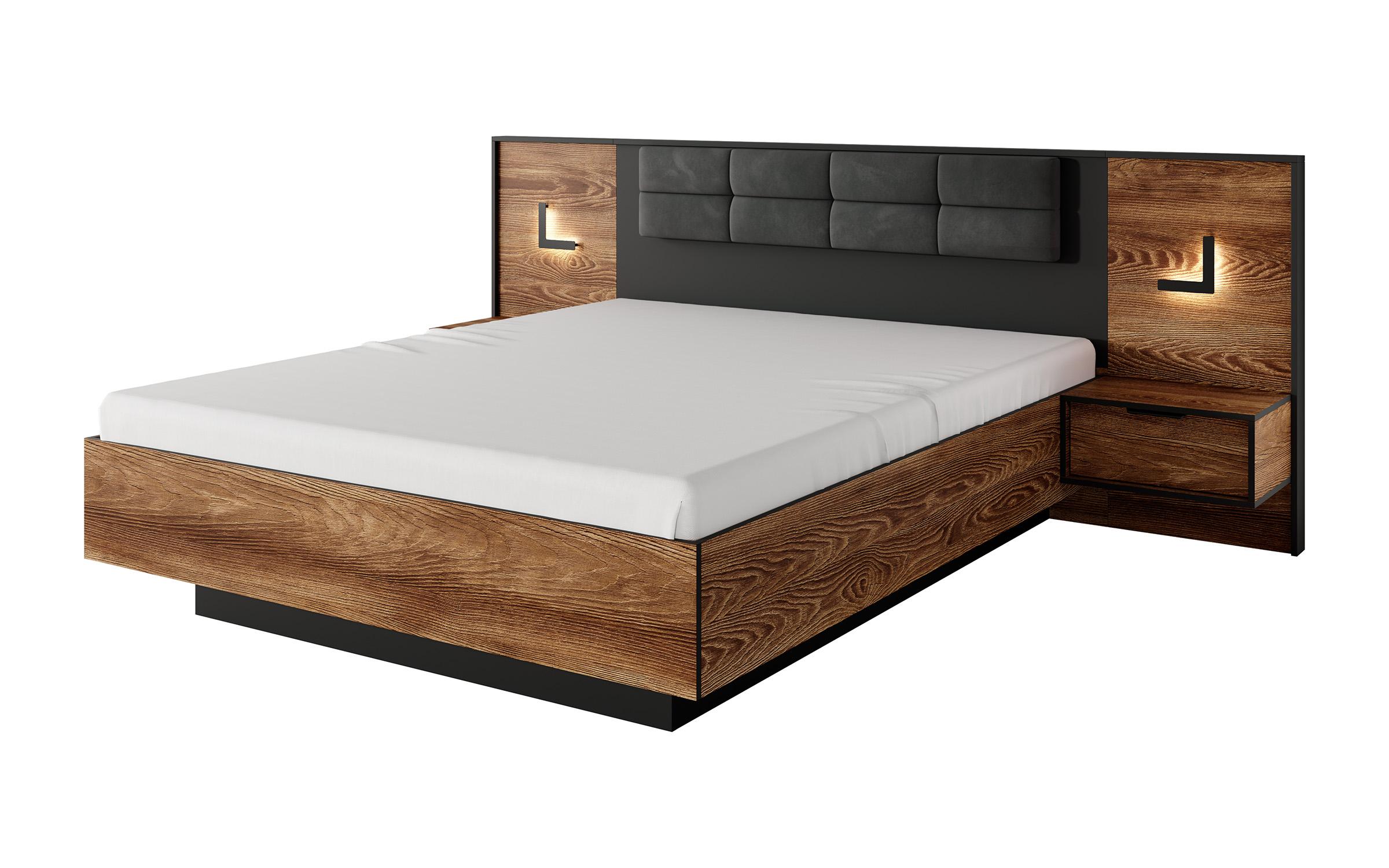 Double bed Samira for mattress 160/200 + LED lights + 2 nightstands, chestnut + anthracite  3